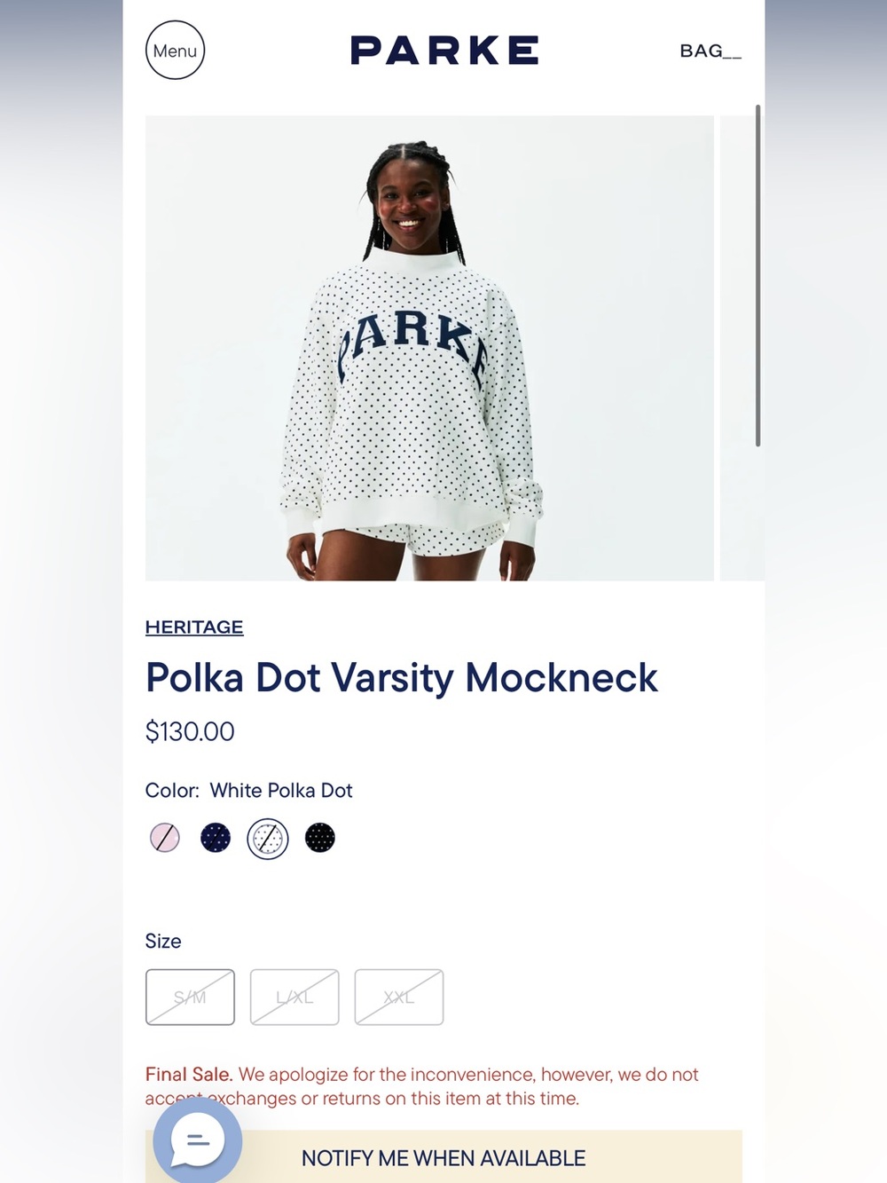 PARKE Polka Dot Varsity Mockneck Sweatshirt